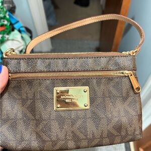 Michael Kors Brown Logo Print Wristlet with Gold Hardware